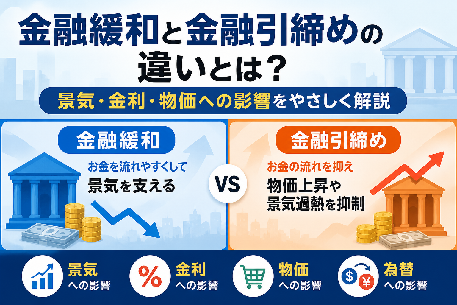 金融緩和と金融引締めの違いとは？景気・金利・物価への影響をやさしく解説